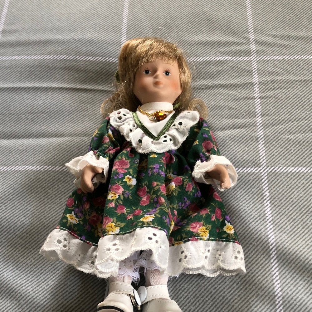 Porcelain Fashion Doll in Green Floral Dress